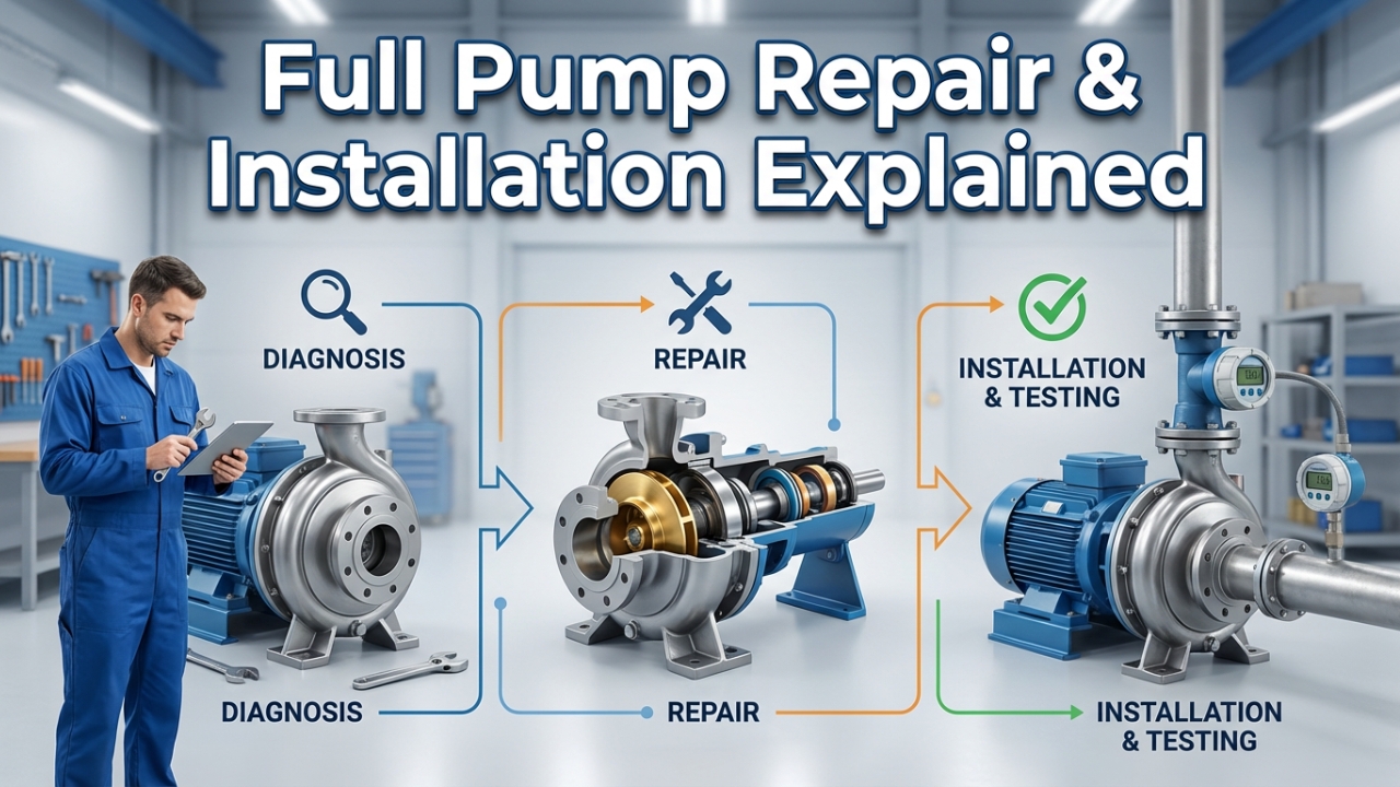 What Does a Full Pump Repair & Installation Service Actually Do? 🎯 High-Quality Explainer Thumbnail Prompt Prompt: Create a high-quality, professional, and educational website thumbnail for an article titled “What Does a Full Pump Repair & Installation Service Actually Do?” Scene shows a clean, modern industrial workshop with a single pump system shown in stages, clearly explaining the service process. The main pump is centered, with three clear visual zones (clean, simple, and original): Inspection & Diagnosis – technician examining the pump with tools and tablet Repair & Maintenance – pump partially opened with internal components visible (bearings, seals, impeller) Installation & Testing – fully assembled pump installed and running smoothly Use subtle infographic-style overlays (lines, arrows, icons) to guide the eye — simple, technical, and original (no brand copying). Background is uncluttered with soft industrial lighting, light grey or blue tones, and slight depth blur to keep focus on the pump process. Add bold, clean, and readable title text: “Full Pump Repair & Installation Explained” Use a modern sans-serif font with high contrast (white or dark blue text with soft shadow) so it stays readable at small sizes. Style: ultra-realistic, educational, professional, trust-building Lighting: bright, clean, evenly balanced Colors: metallic steel, blue, light grey, subtle accent colors Quality: 8K ultra-HD, crisp and sharp Aspect ratio: 16:9, optimized for website thumbnails No logos, no watermarks, no stock-photo feel — 100% original elements 🚫 Negative Prompt Best Pump Maintenance Company in Jeddah